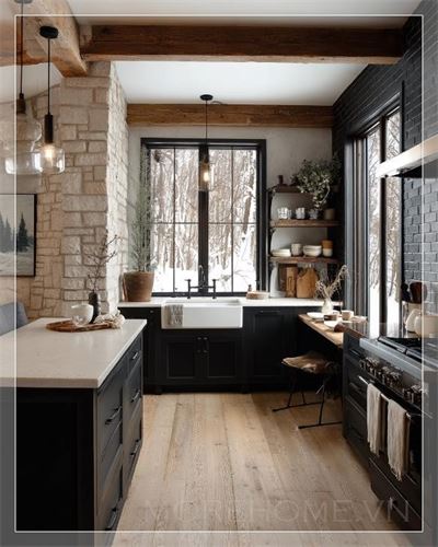 Nhà bếp ấm cúng trong ngôi nhà đá cổ điển...