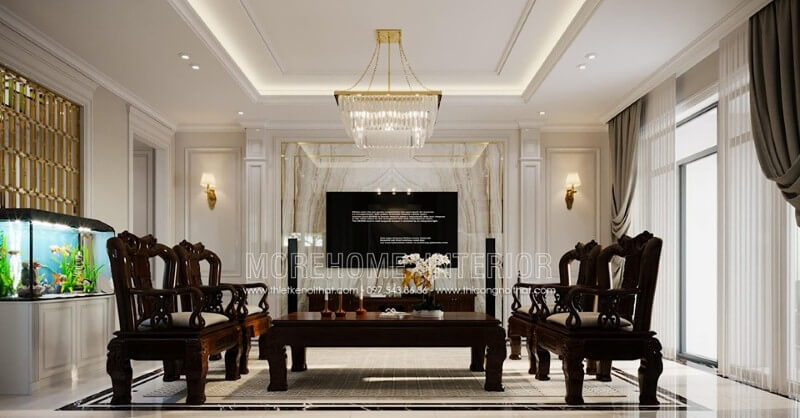 Đá tự nhiên ốp tường tạo điểm nhấn sang trọng độc đáo cho phòng khách cao cấp. Mẫu thiết kế và thi công nội thất biệt thự