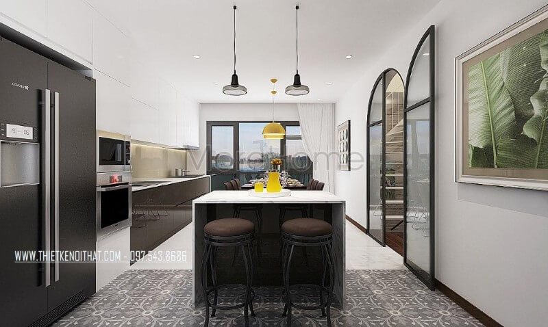 Trang trí hệ cửa lớn và hợp lý giúp phòng bếp ăn luôn được thông thoáng cùng cách trang trí đẹp mắt sẽ tạo nên không gian đẹp, sang trọng cho biệt thự, nhà phố. Mẫu nội thất biệt thự đẹp