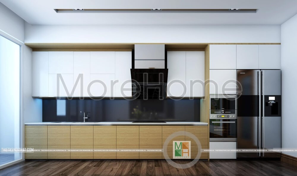 Thiết kế tủ bếp âm tường gỗ công nghiệp màu sáng giúp không gian ấm cúng rộng rãi hơn Thiết kế tủ bếp nhà phố sang trọng