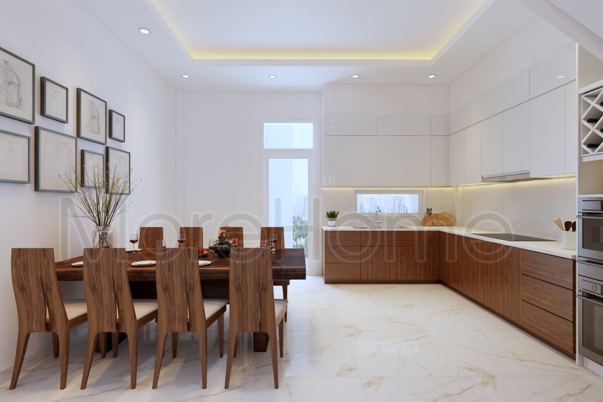 Mẫu tủ bếp chữ L gỗ công nghiệp An Cường kết hợp đá ốp tường và mặt bếp màu trắng đẹp hiện đại Thiết kế tủ bếp nhà phố sang trọng