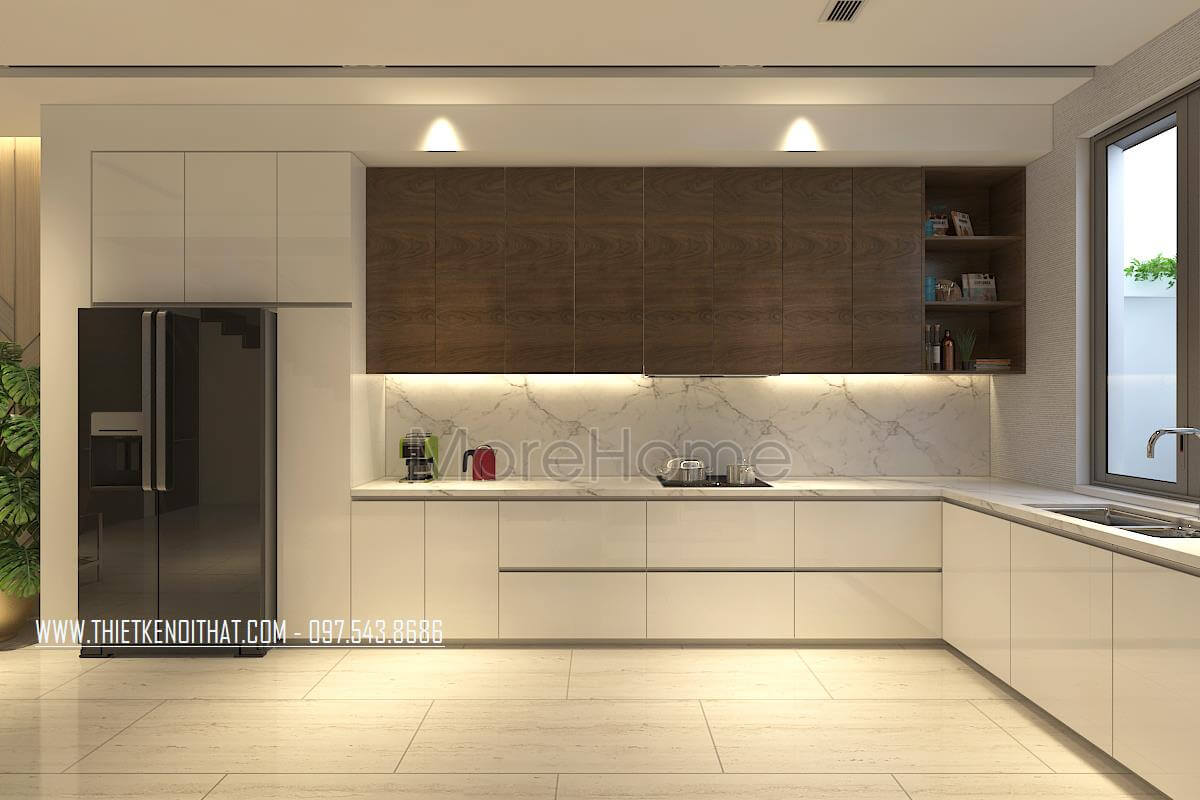 Mẫu tủ bếp treo gỗ công nghiệp màu nâu hiện đại với nhiều ngăn tủ tiện nghi cho người nội trợ. Thiết kế tủ bếp nhà phố sang trọng