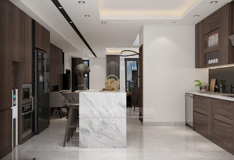 Tủ bếp gỗ đặc biệt vân gỗ óc chó là một trong những xu hướng thiết kế nội thất ấn tượng nhất hiện nay. Thiết kế tủ bếp nhà phố sang trọng