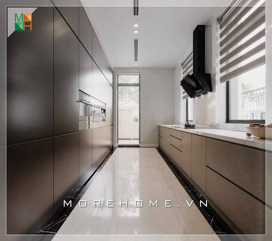 Mẫu thiết kế tủ bếp bằng gỗ công nghiệp chống ẩm ốp mặt đá nhân tạo trắng vân mây cao cấp Thiết kế tủ bếp nhà phố sang trọng