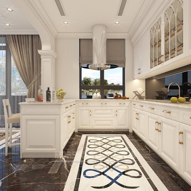 Tủ bếp phong cách tân cổ điển lạ mắt với những đường cong hay những họa tiết chạm trổ tinh tế tạo nên không gian nấu nướng sang trọng đồng thời thể hiện được gu thẩm mỹ của gia chủ Thiết kế tủ bếp đẹp