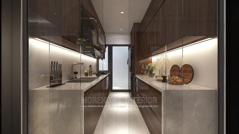 Thiết kế tủ bếp đẹp riêng biệt với khu vực sinh hoạt khác, gia chủ cũng lựa chọn sử dụng kết hợp với cửa kính cường lực giúp cho mùi dầu mỡ không bay ra ngoài ảnh hưởng đến các không gian khác Thiết kế tủ bếp đẹp