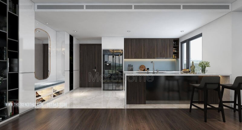 Thiết kế nội thất không gian phòng bếp đa năng với mẫu tủ bếp gỗ công nghiệp tinh tế. Tủ bếp gỗ công nghiệp và tủ bếp acrylic