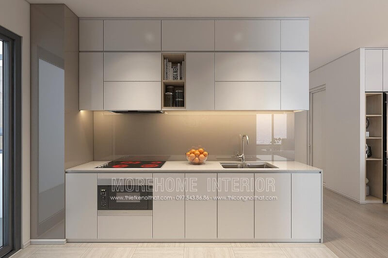 Lựa chọn tone màu trắng chủ đạo, tủ bếp gỗ công nghiệp cao cấp mang đến phòng bếp thanh thoát và không kém phần sang trọng Tủ bếp gỗ công nghiệp và tủ bếp acrylic