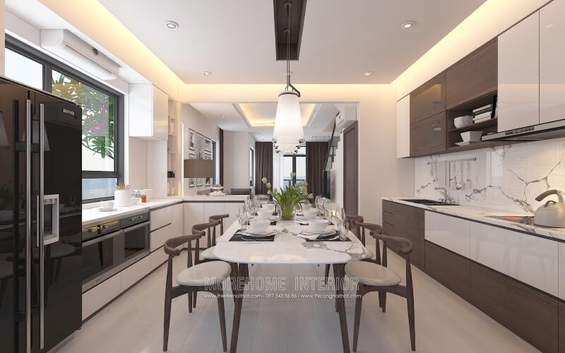 Tủ bếp gỗ công nghiệp tạo cảm giác sáng sủa, tươi mới và trung tính. Màu trắng chủ đạo giúp tăng cường ánh sáng tự nhiên và làm cho mọi thứ có cảm giác sạch sẽ Tủ bếp gỗ công nghiệp và tủ bếp acrylic