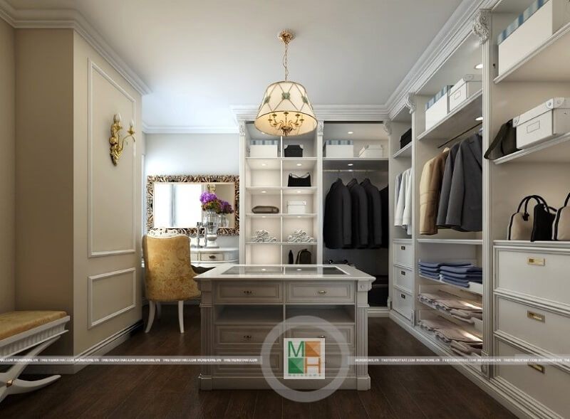 Thiết kế nội thất phòng thay đồ cho căn hộ chung cư Mandarin cao cấp với tông màu trắng chủ đạo .