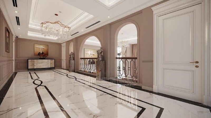 Thiết kế hành lang ấn tượng với chiếc bàn trang trí đẹp mắt cùng bức tranh canvas treo tường độc đáo.