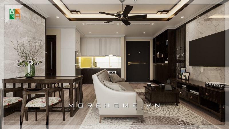 Lựa chọn thiết kế chung cư cao cấp bằng đá ốp vách tivi vân mây cao cấp cũng là chất liệu được gia chủ chọn giúp không gian căn phòng sáng và sang trọng hơn