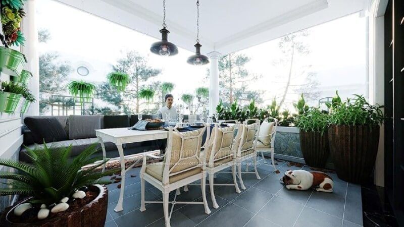 Bộ bàn ghế sofa ngoài trời độc đáo, sáng tạo nhưng lại mang nét hài hòa giữa sofa băng hiện đại và bộ bàn 3 ghế tân cổ điển sang trọng.