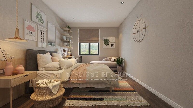 Thiết kế nội thất phòng ngủ nữ tính với lối trang trí nhẹ nhàng pha chút sắc hồng lãng mạn từ tranh treo tường đáng yêu và lọ hoa sinh động.