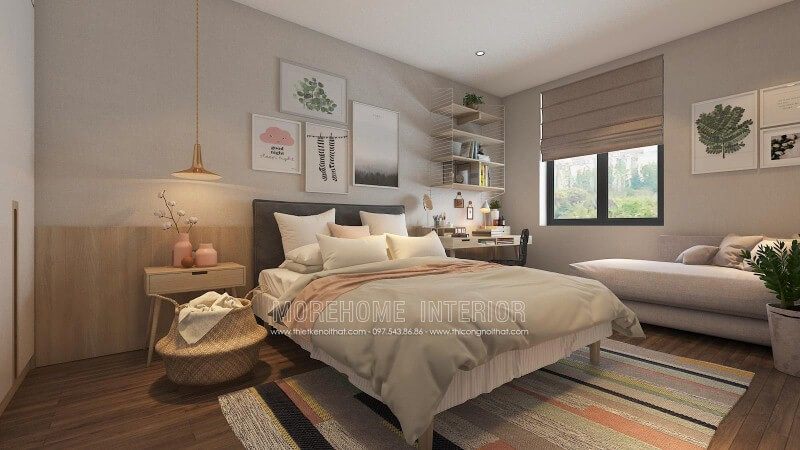 Thiết kế phòng ngủ ấn tượng với cách trang trí độc đáo từ những mảng lớn đơn sắc kết hợp cùng họa tiết điểm nhấn tạo nên nét đẹp sinh động, trẻ trung cho không gian.