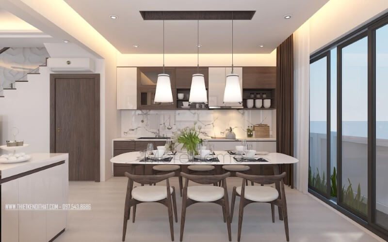 Thiết kế phòng bếp ăn gỗ óc chó hiện đại, đẹp, sang trọng