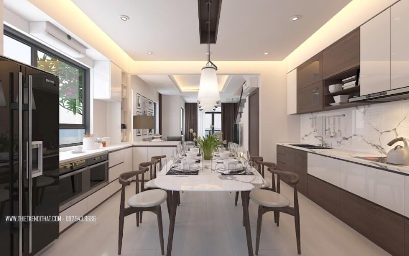 Thiết kế nội thất phòng bếp hiện đại nhưng nhẹ nhàng, sang trọng.