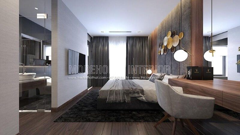 Sắp xếp nội thất phòng ngủ master khép kín hiện đại, đẹp.