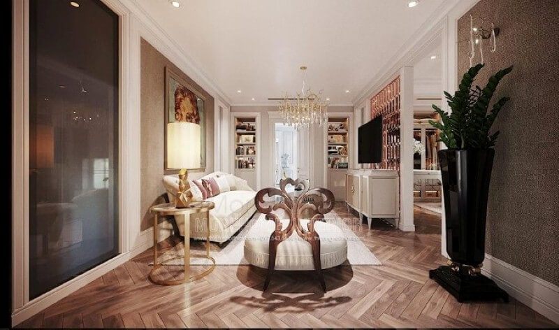 Bố trí nội thất phòng ngủ master tân cổ điển cao cấp có phòng giải trí ấn tượng tại biệt thự Hải Phòng.