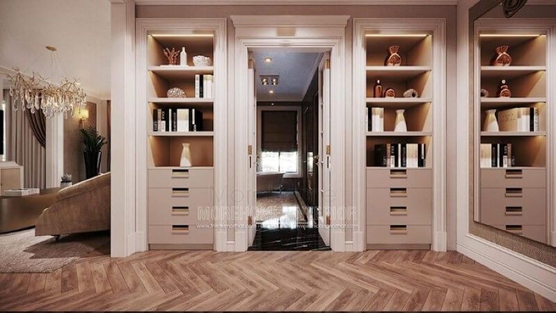 Thiết kế nội thất phòng ngủ master có tủ, kệ đựng đồ đẹp, độc đáo với nhiều ngăn đựng và ô đựng hở.