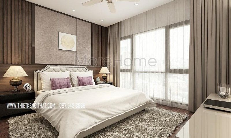 Phòng ngủ master hiện đại, đẹp, sang trọng, thông thoáng với hệ cửa kính lớn luôn đón nắng nhưng cũng giúp ngăn nóng kịp thời với rèm 2 lớp.