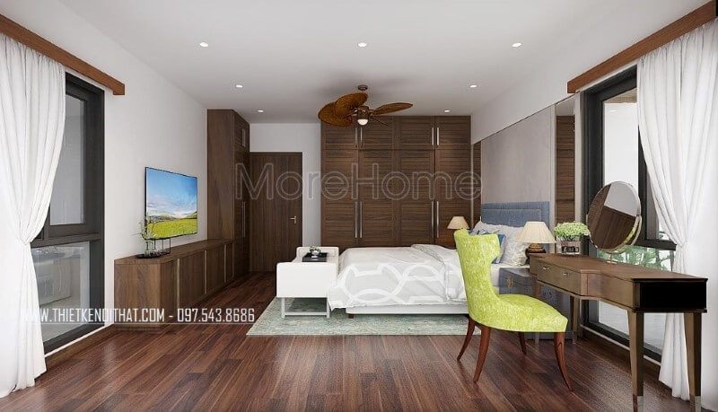 Nội thất phòng ngủ master gỗ óc chó trở thành điểm nhấn bởi vẻ đẹp hoàn hảo được tôn lên từ Sàn gỗ, bộ bàn ghế trang điểm, tủ quần áo, kệ tivi, cửa gỗ.