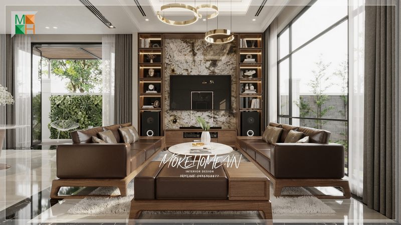 Không gian phòng khách được thiết kế mang phong cách hiện đại với đầy đủ mọi nội thất tiện nghi mang tới sự sang trọng và ấn tượng khi bước chân vào phòng.