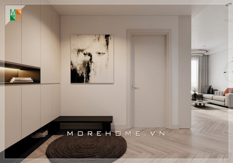 Thiết kế chung cư được sáng tạo thêm một khu để đồ sinh hoạt chung, bao gồm một bức tranh cùng họa tiết đen trắng để phù hợp với nội thất của ngôi nhà.