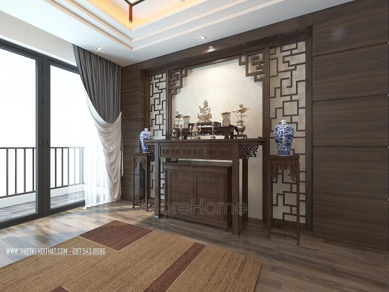 Bàn thờ chung cư được làm từ gỗ tự nhiên với thiết kế nhỏ gọn kết hợp với vách CNC cách điệu giúp tạo nên sự sang trọng cho không gian phòng thờ.