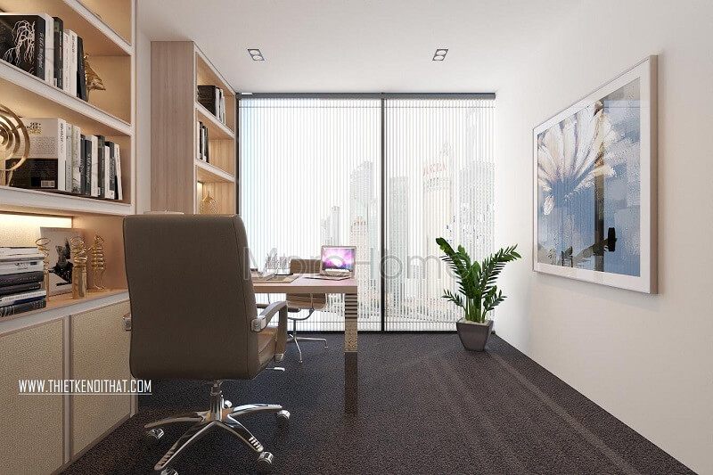 Việc thiết kế nội thất cho văn phòng công sở bao gồm các phần nội thất gỗ công nghiệp như: bàn làm việc, kệ treo đựng sách và tài liệu.