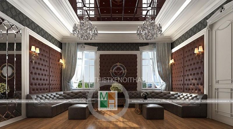 của bạn Thiết kế phòng karaoke của bạn sang trọng với nội thất đẹp mắt bao gồm các gương trang trí, đệm ốp tường và đèn trang trí tân cổ điển.